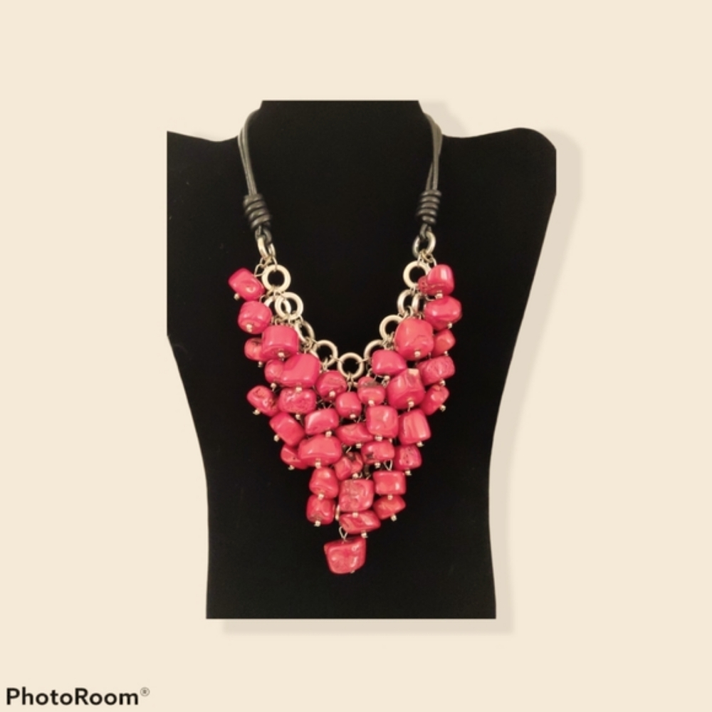 Coral on black leather cord necklace
